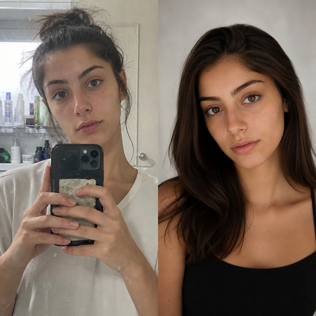 Casual selfie → camera-ready model portrait