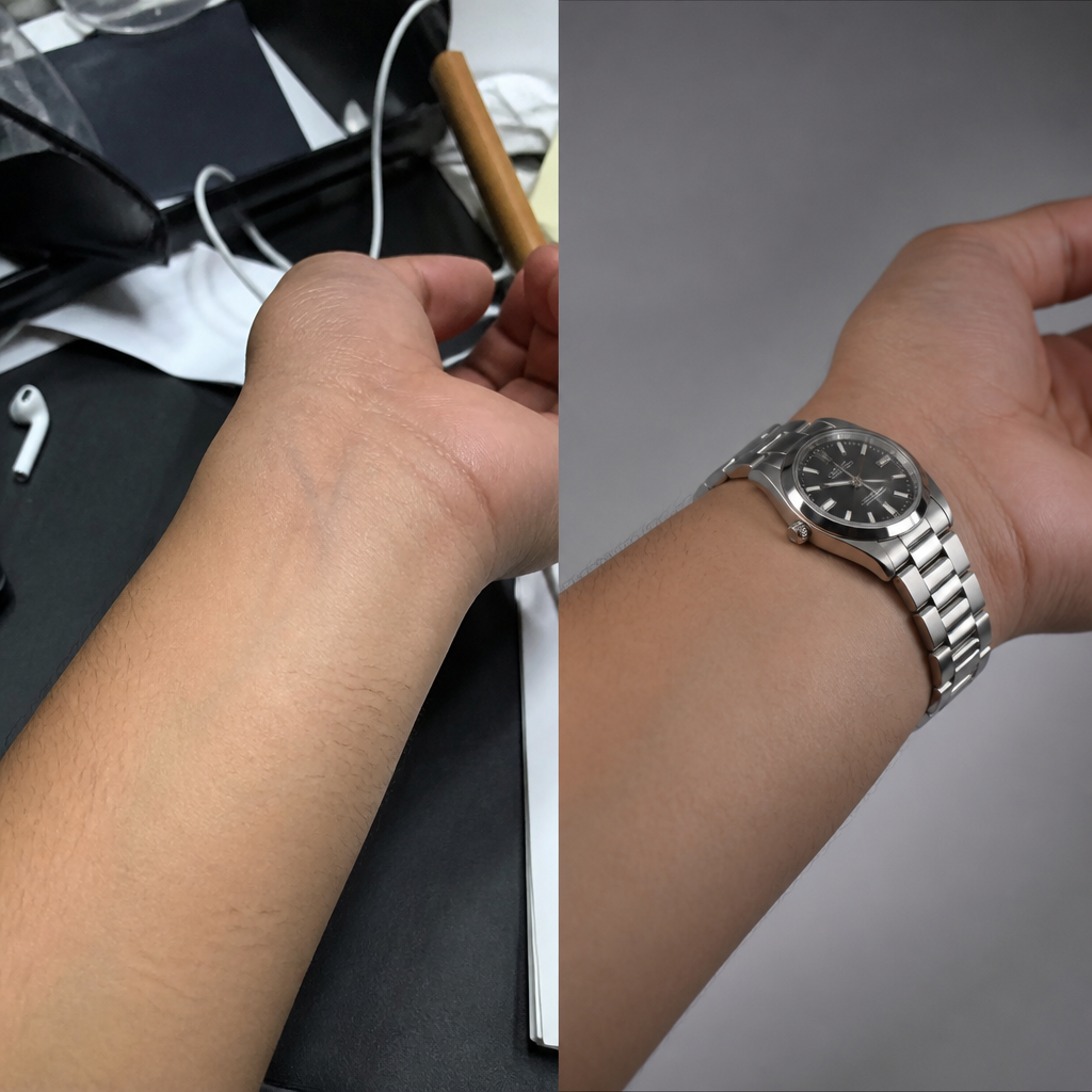 Casual wrist photo → watch-ready sizing shot