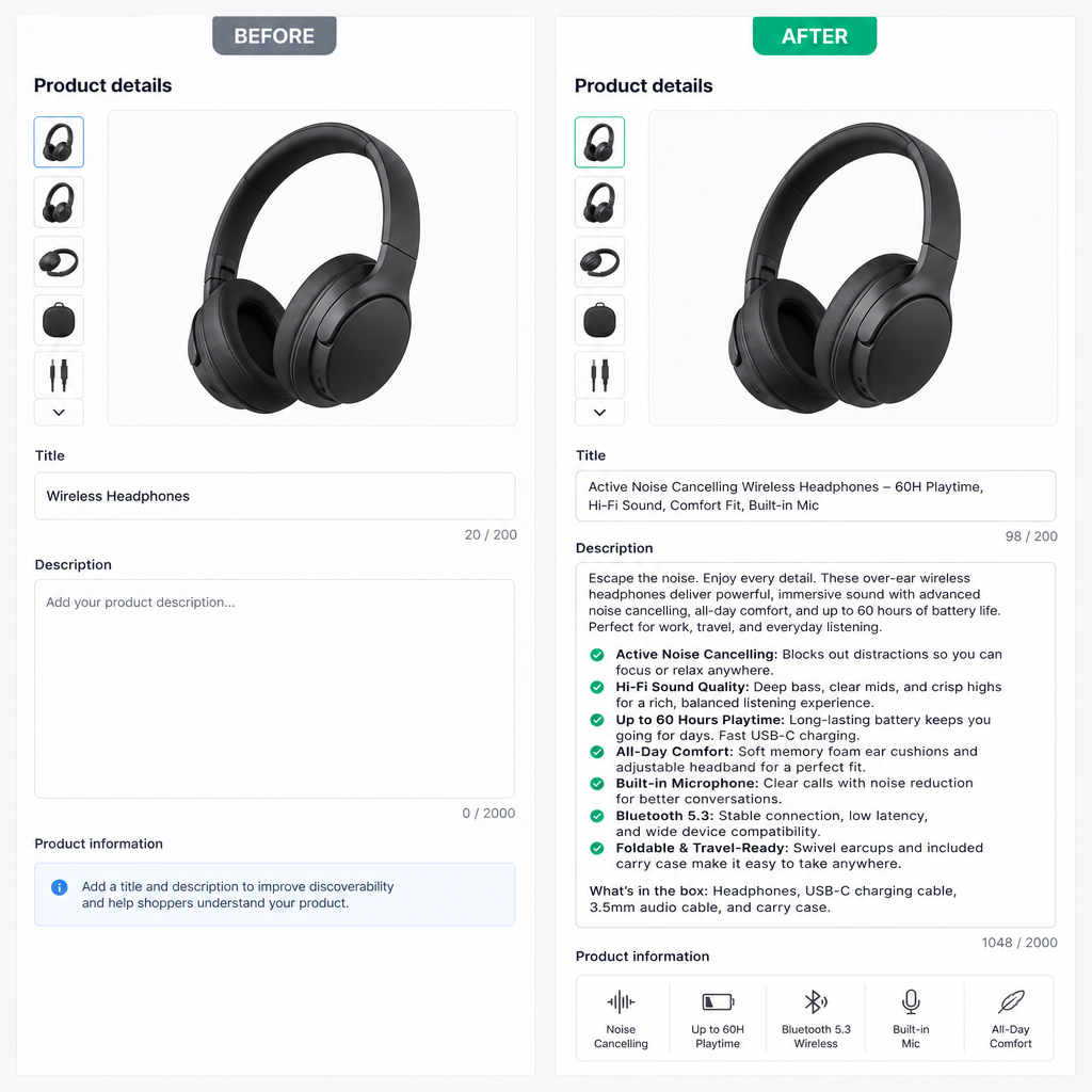 Empty listing → benefit-led product copy
