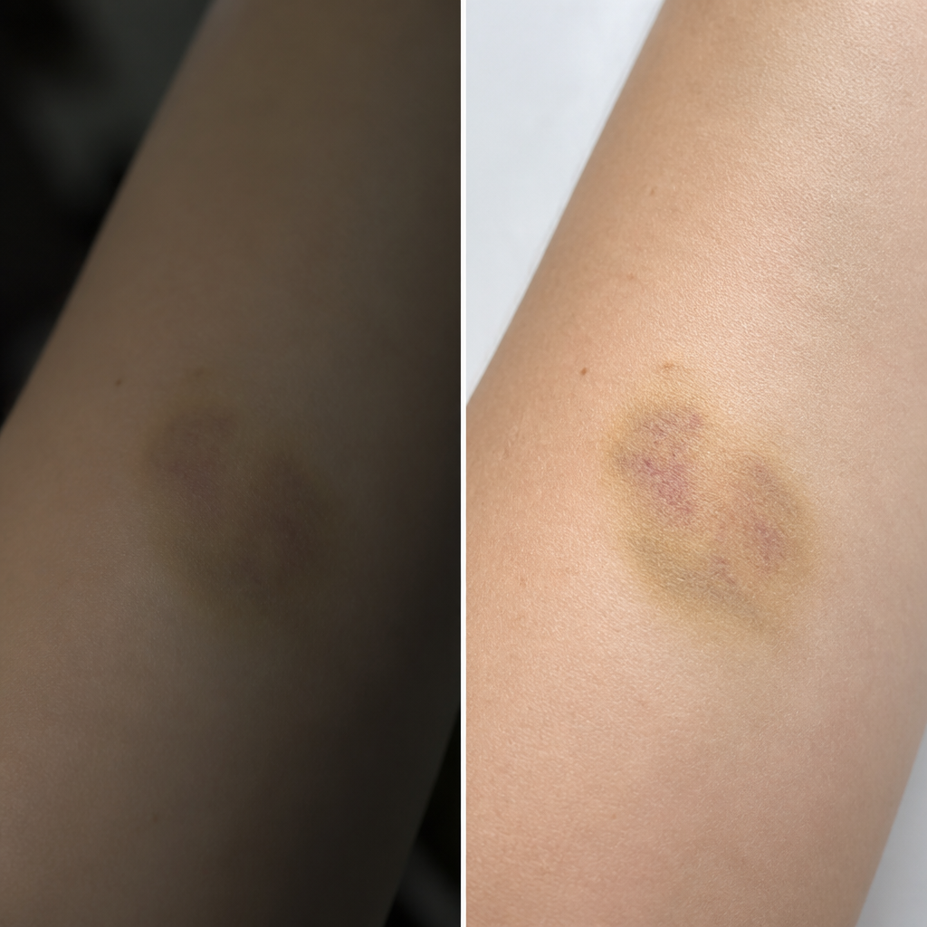 Dim bruise photo → clear assessment close-up