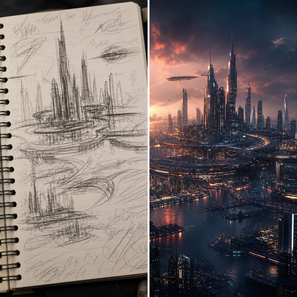 Rough sketch prompt → cinematic AI city render