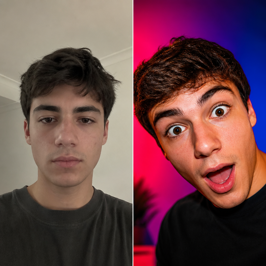 Flat selfie → bold YouTube thumbnail crop