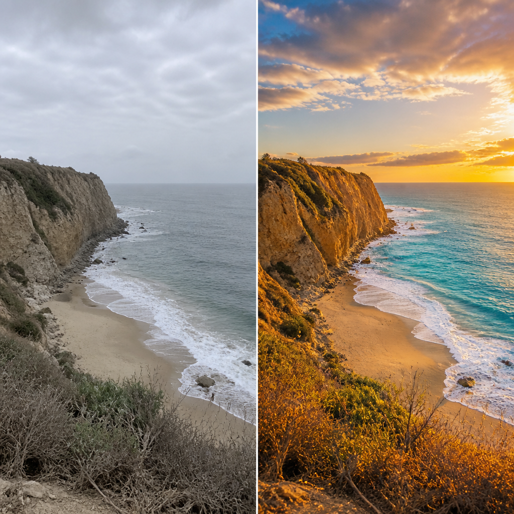 Dull beach snap → golden-hour destination shot